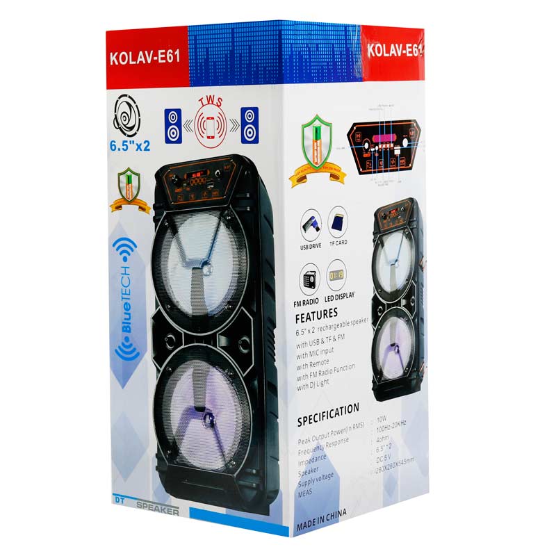 اسپیکر چمدانی بلوتوثی رم و فلش خور Kolav-E61 + میکروفون و ریموت کنترل