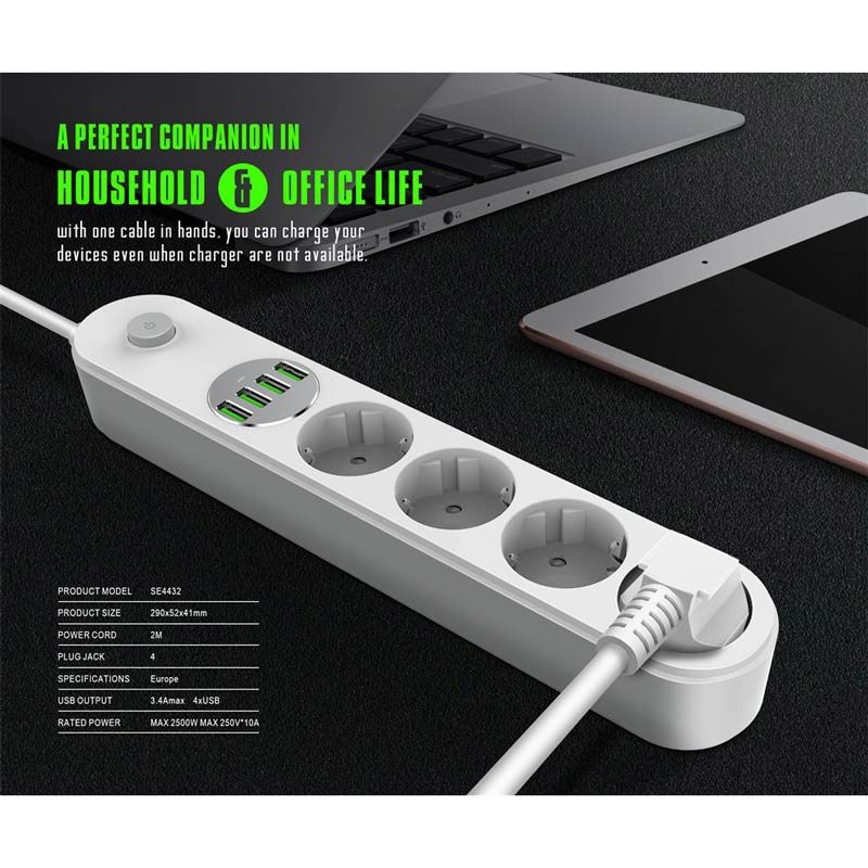 چندراهی 4 خانه برق الدینیو SE4432 3.4A با کابل 2 متری + شارژر USB