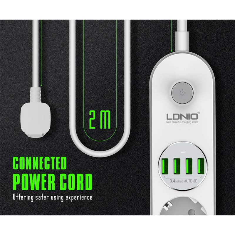 چندراهی 4 خانه برق الدینیو SE4432 3.4A با کابل 2 متری + شارژر USB