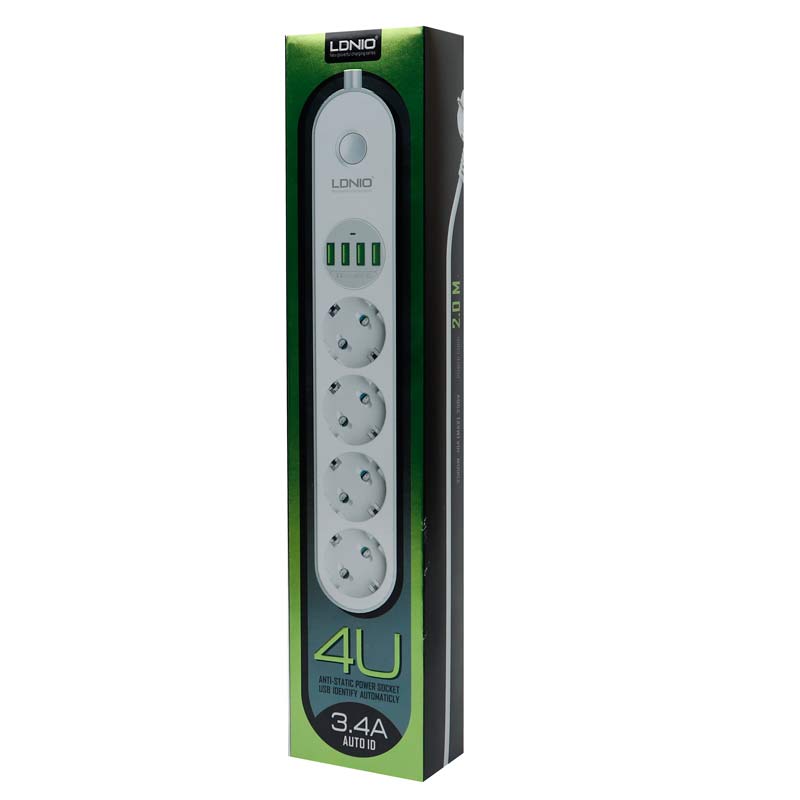 چندراهی 4 خانه برق الدینیو SE4432 3.4A با کابل 2 متری + شارژر USB