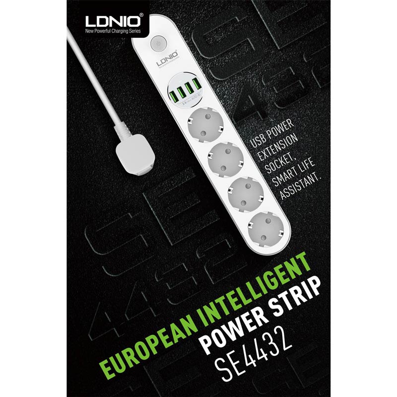 چندراهی 4 خانه برق الدینیو SE4432 3.4A با کابل 2 متری + شارژر USB