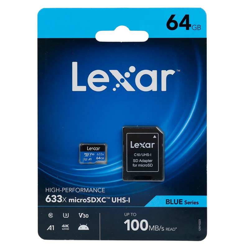 رم میکرو 64 گیگ لکسار Lexar Blue Series 633X A1 V30 U3 C10 100MB/s + خشاب