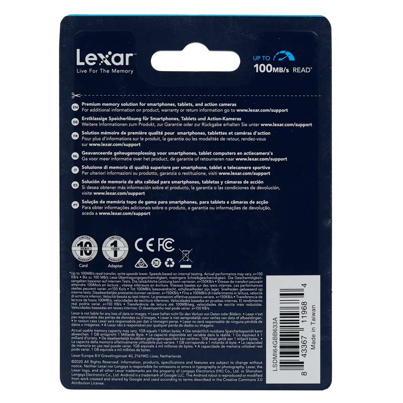 رم میکرو 64 گیگ لکسار Lexar Blue Series 633X A1 V30 U3 C10 100MB/s + خشاب