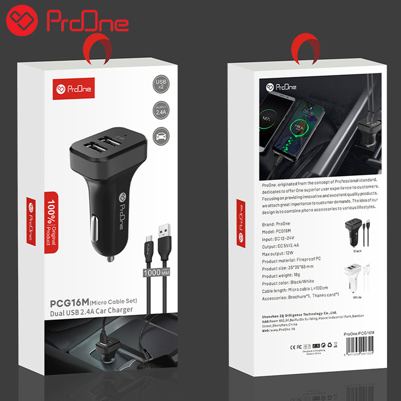 شارژر فندکی ProOne PCG16M 2.4A + کابل میکرو یو اس بی