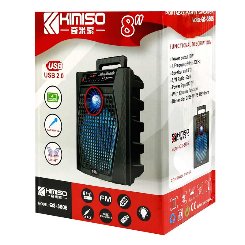 اسپیکر چمدانی بلوتوثی رم و فلش خور Kimiso QS-3806 + میکروفون و ریموت کنترل