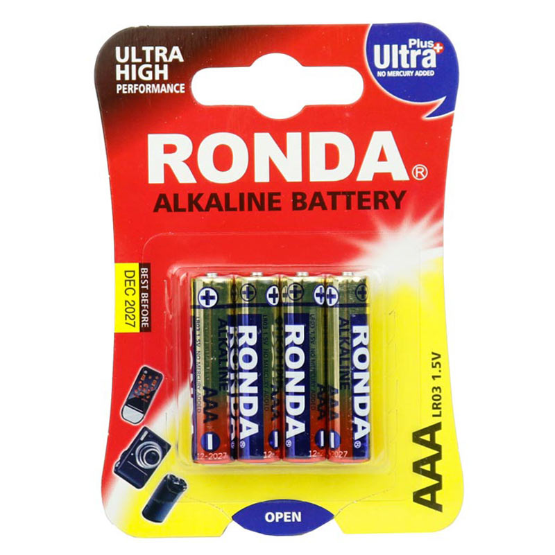 باتری چهارتایی نیم قلمی Ronda Alkaline Ultra Plus LR03 1.5V AAA بسته 40 عددی