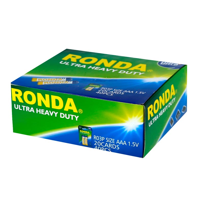 باتری دوتایی نیم قلمی Ronda Ultra Heavy Duty Ultra Plus R03P 1.5V AAA بسته 40 عددی کارت بزرگ