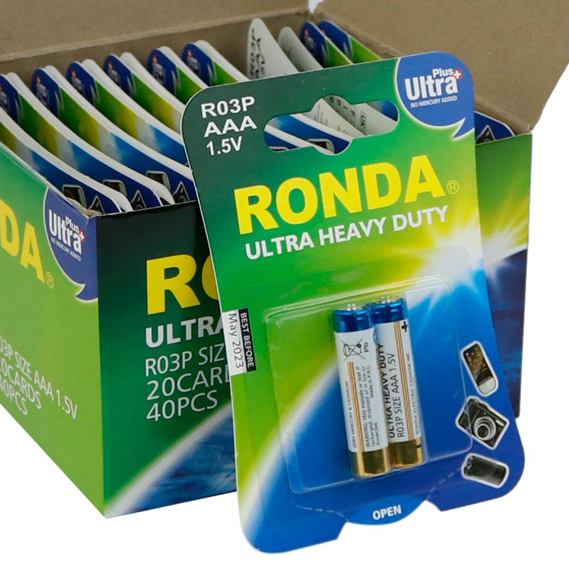 باتری دوتایی نیم قلمی Ronda Ultra Heavy Duty Ultra Plus R03P 1.5V AAA بسته 40 عددی کارت کوچک