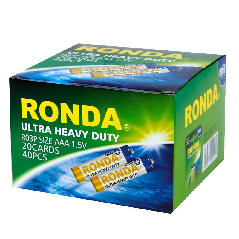 باتری دوتایی نیم قلمی Ronda Ultra Heavy Duty Ultra Plus R03P 1.5V AAA بسته 40 عددی کارت کوچک