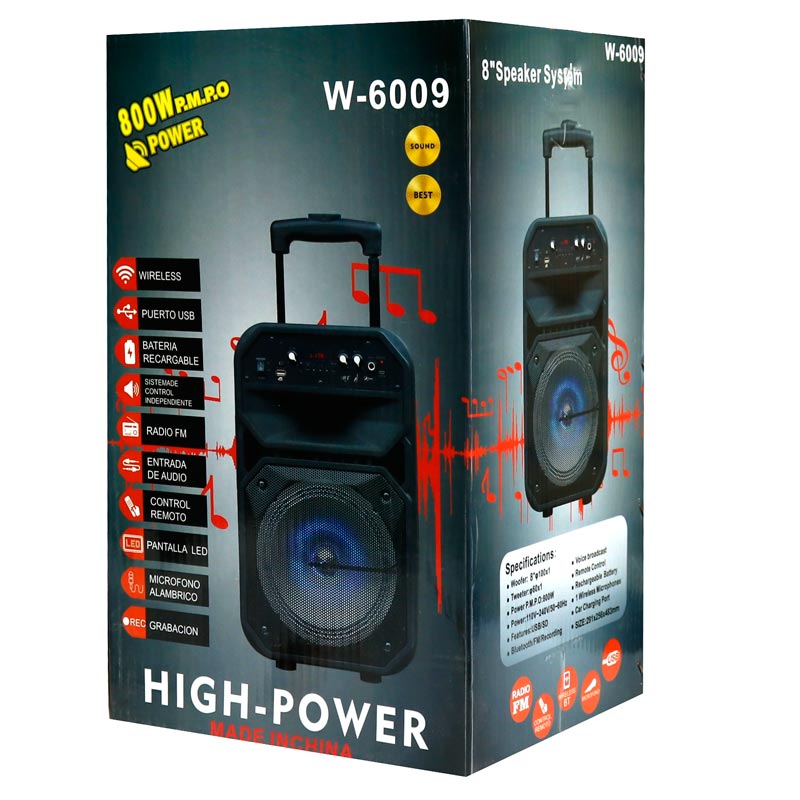 اسپیکر چمدانی بلوتوثی رم و فلش خور W-6009 + میکروفون و ریموت کنترل