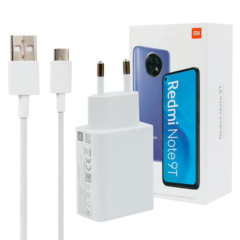 شارژر دیواری فست شارژ Xiaomi Redmi Note 9T QC3 22.5W سرجعبه + کابل Type-C و جعبه گوشی