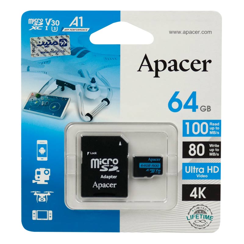 رم میکرو 64 گیگ اپیسر Apacer Rioo A1 V30 U3 C10 100MB/s + خشاب