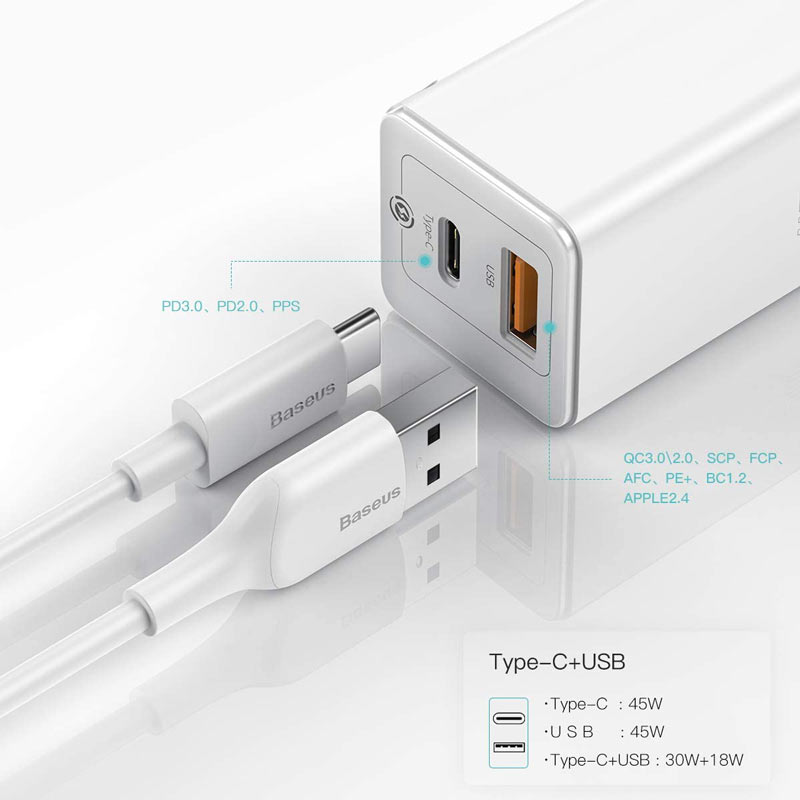 شارژر دیواری فست شارژ Baseus CCGAN-Q QC3 PD 45W + کابل Type-C