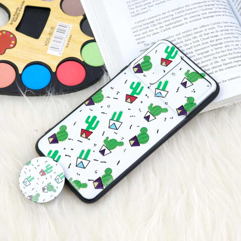 قاب طرحدار محافظ لنز دار کشویی + پاپ سوکت طرح کاکتوس شیائومی Poco M3