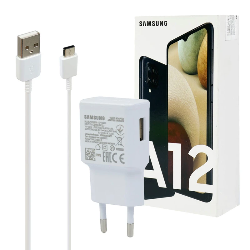 شارژر دیواری 15 وات سامسونگ A12 PD 2A سرجعبه + کابل Type-C و هندزفری و جعبه گوشی