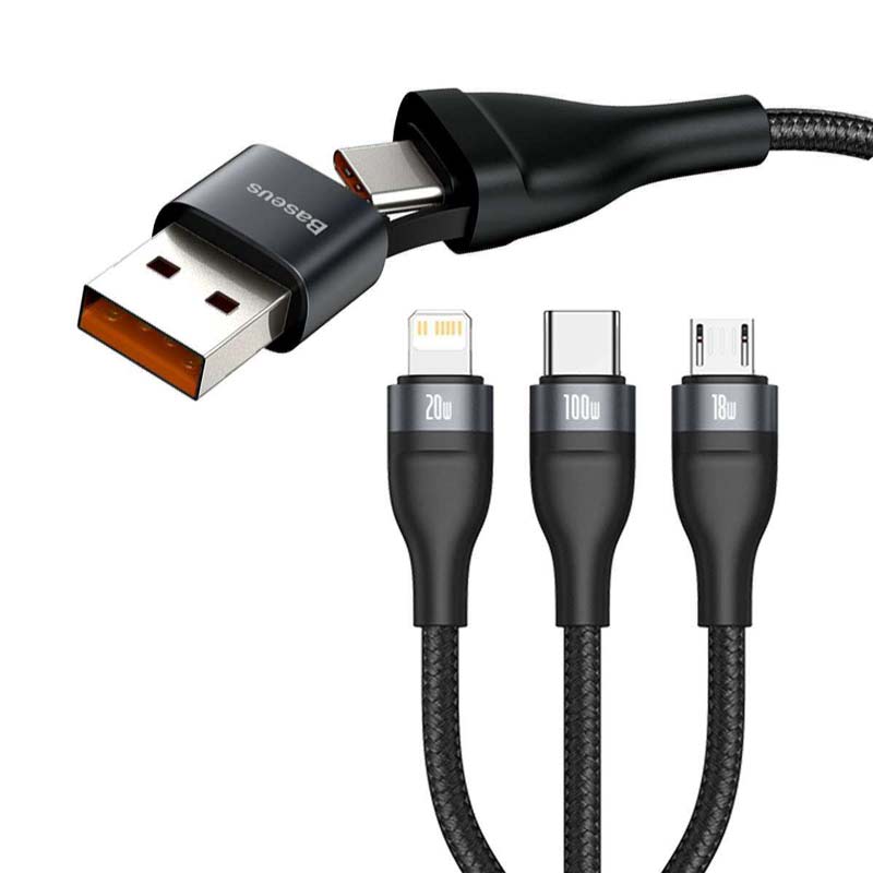 کابل 3 سر فست شارژ Baseus CA2T3-G1 QC PD 5A 1.2m