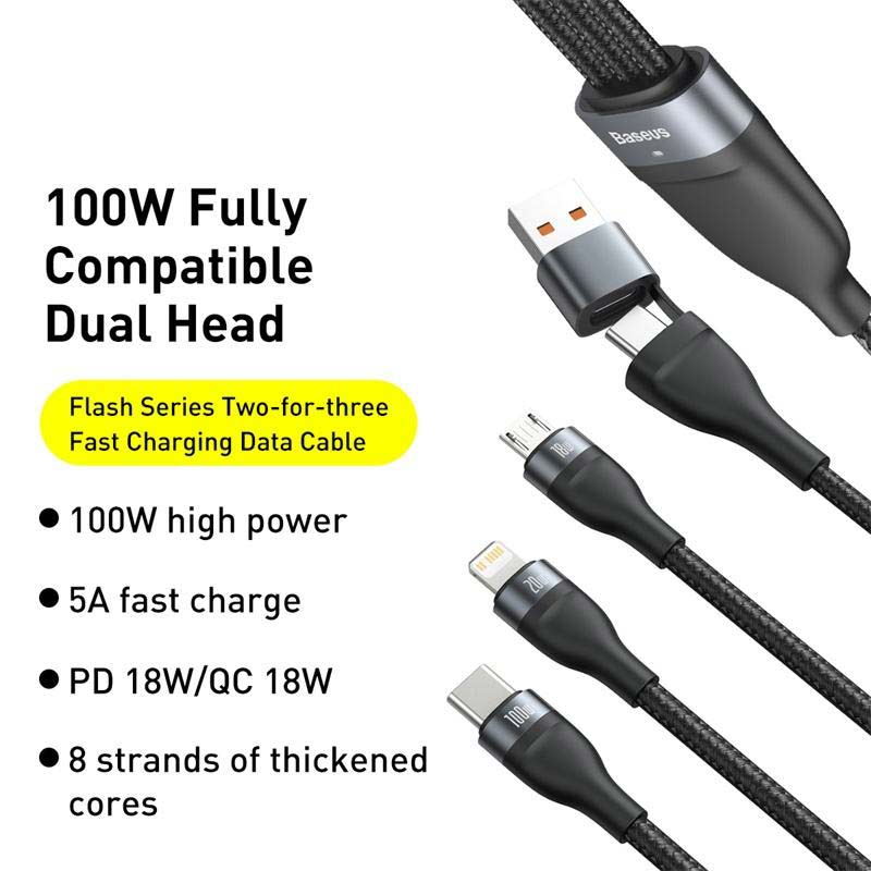 کابل 3 سر فست شارژ Baseus CA2T3-G1 QC PD 5A 1.2m