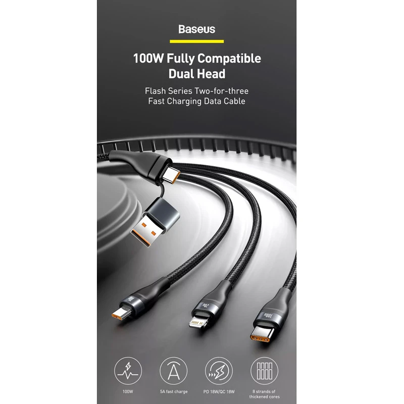 کابل 3 سر فست شارژ Baseus CA2T3-G1 QC PD 5A 1.2m