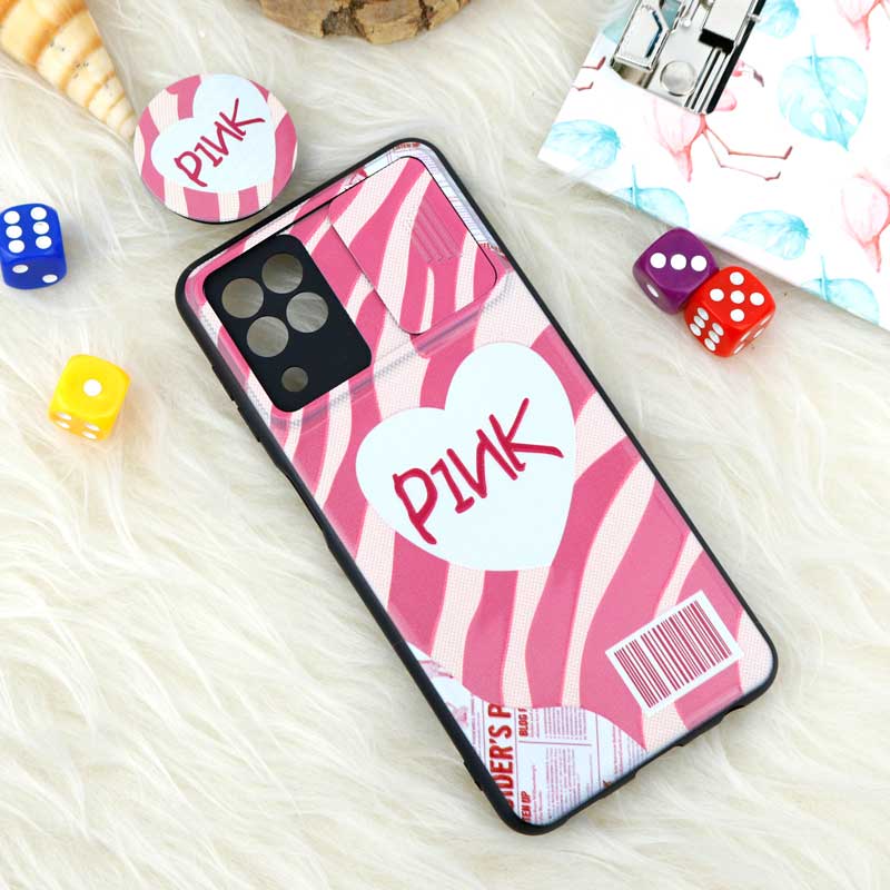 قاب طرحدار محافظ لنز دار کشویی + پاپ سوکت طرح Pink سامسونگ A22 4G