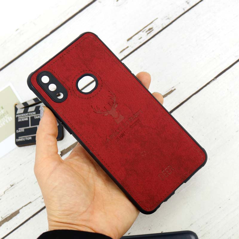 قاب چرمی سامسونگ Galaxy A10s طرح گوزن محافظ لنزدار زرشکی