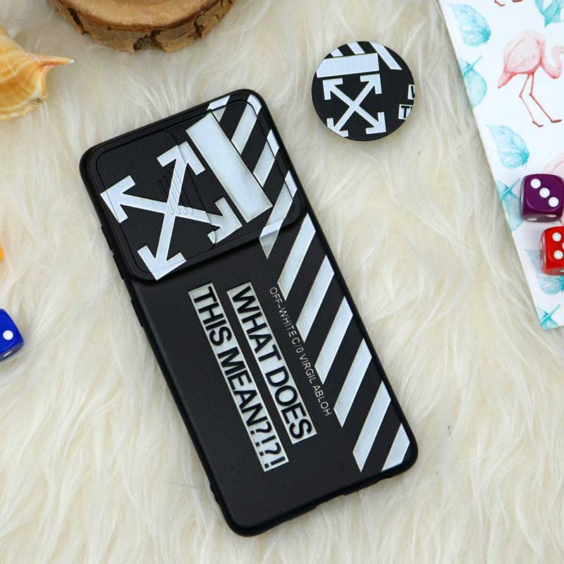 قاب طرحدار محافظ لنز دار کشویی + پاپ سوکت طرح Off White سامسونگ Samsung Galaxy A52 / A52s