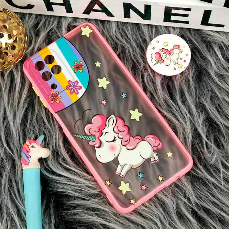 قاب PC سامسونگ Galaxy A12 طرح یونیکورن پشت مات پاپ سوکت دار محافظ لنزدار