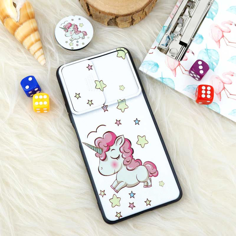 قاب طرحدار محافظ لنز دار کشویی + پاپ سوکت طرح یونیکورن شیائومی Redmi Note 10 Pro