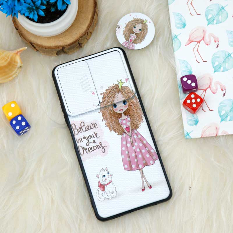 قاب طرحدار محافظ لنز دار کشویی + پاپ سوکت طرح دختر شیائومی Redmi Note 10 Pro