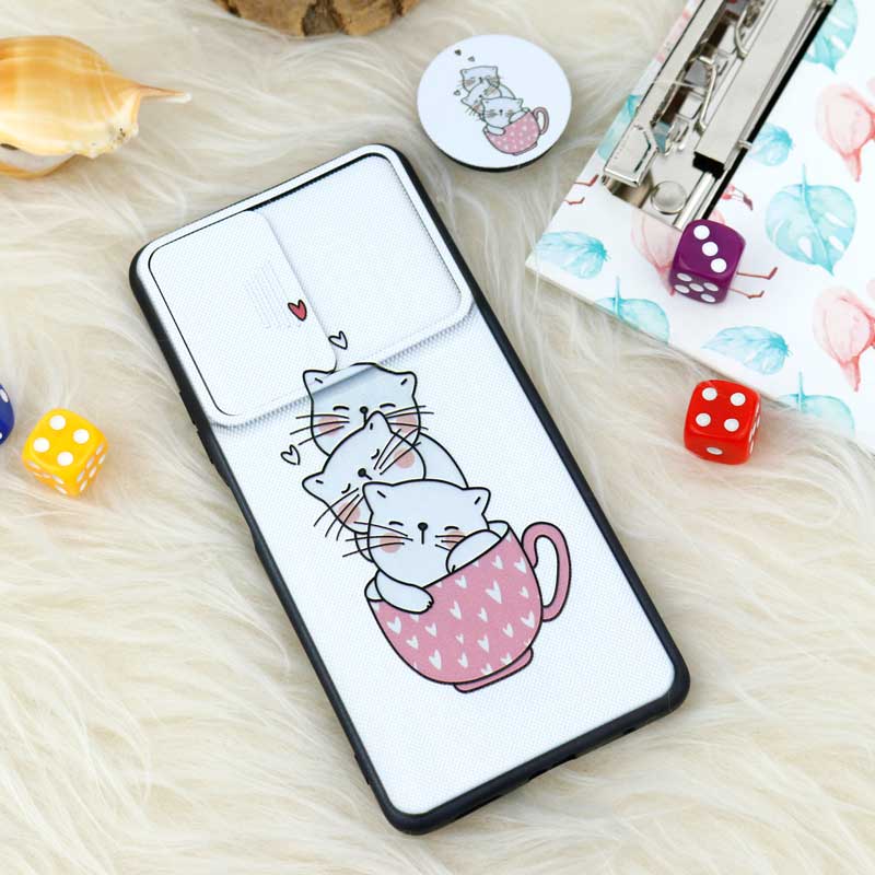 قاب طرحدار محافظ لنز دار کشویی + پاپ سوکت طرح گربه شیائومی Redmi Note 10 Pro