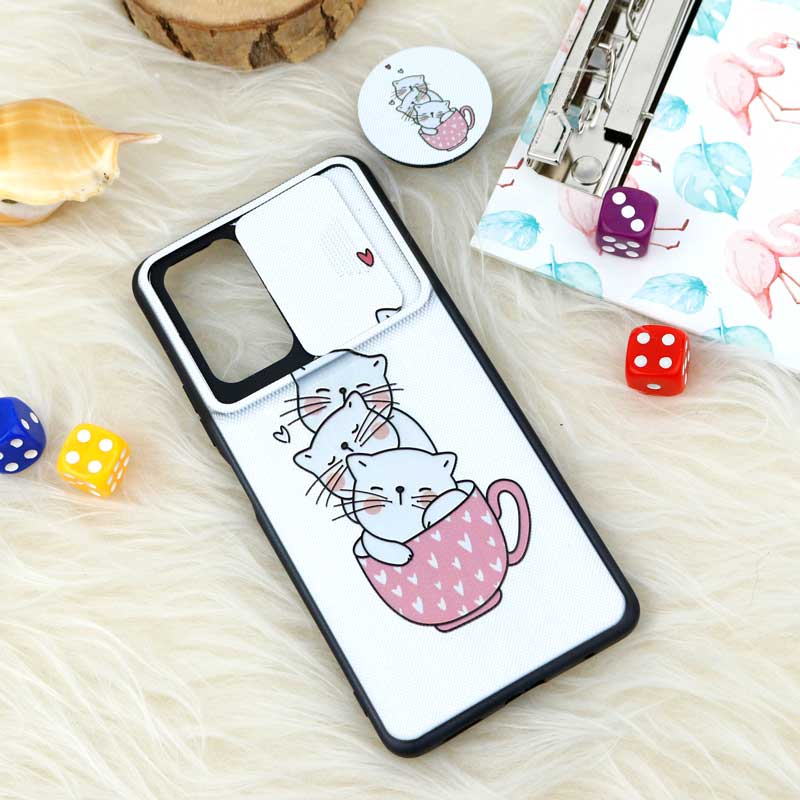 قاب طرحدار محافظ لنز دار کشویی + پاپ سوکت طرح گربه شیائومی Redmi Note 10 Pro