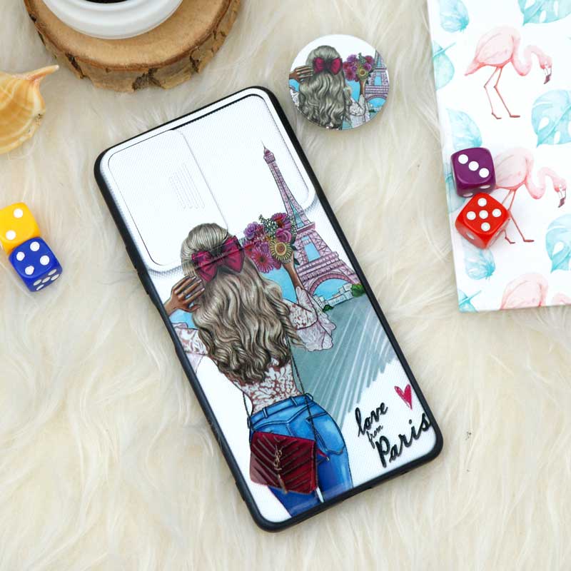 قاب طرحدار محافظ لنز دار کشویی + پاپ سوکت طرح دختر شیائومی Redmi Note 10 Pro