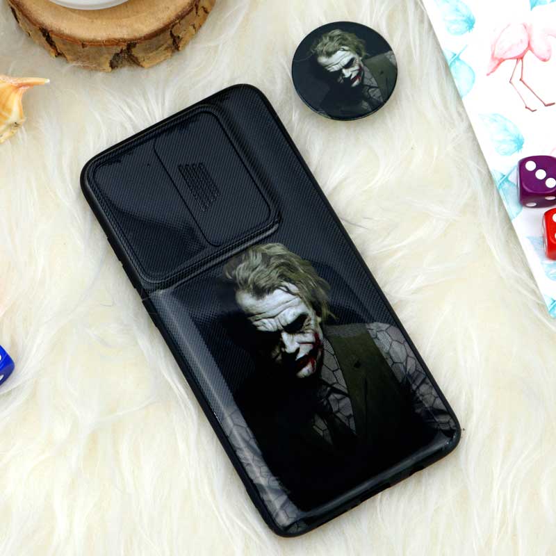 قاب طرحدار محافظ لنز دار کشویی + پاپ سوکت طرح جوکر شیائومی Redmi Note 8 Pro