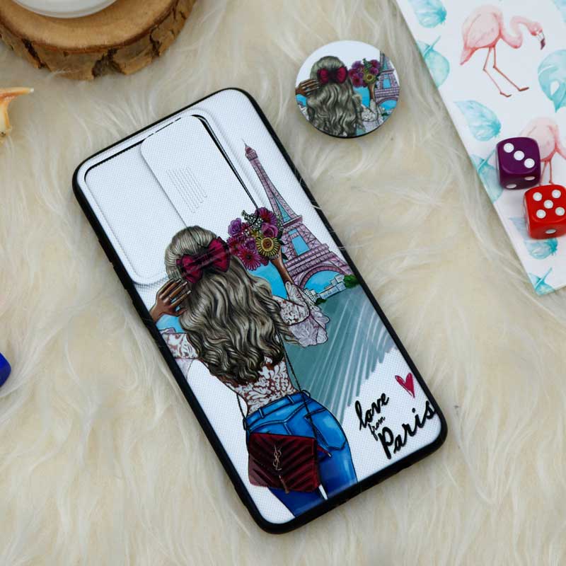 قاب طرحدار محافظ لنز دار کشویی + پاپ سوکت طرح دختر شیائومی Redmi Note 8 Pro
