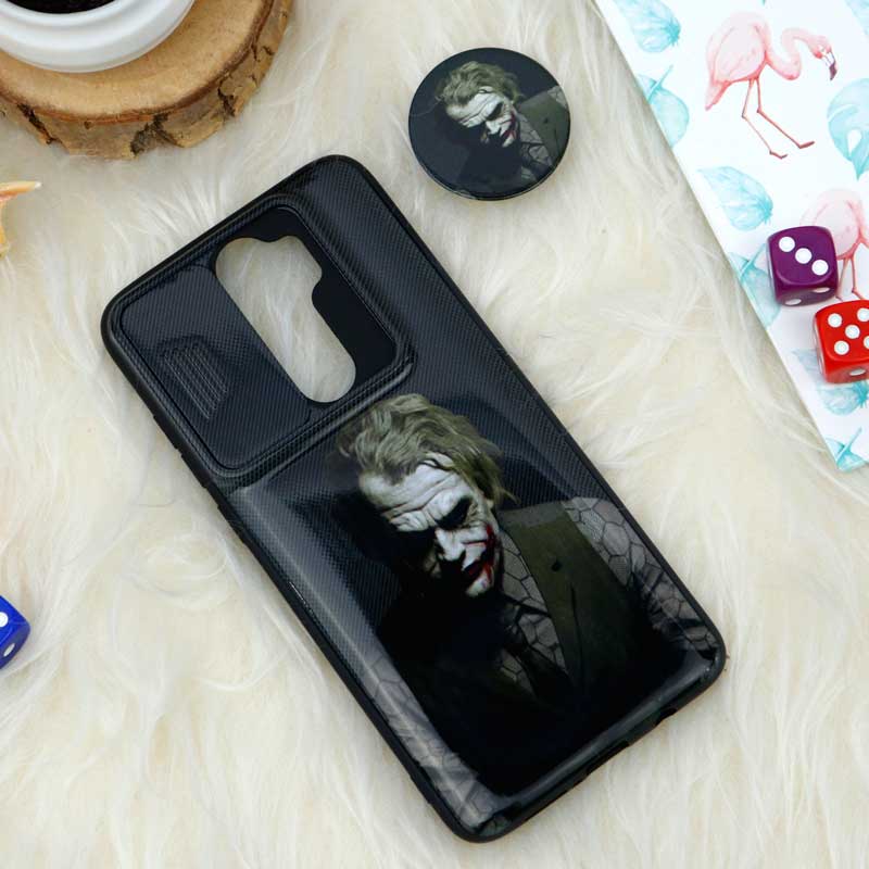 قاب طرحدار محافظ لنز دار کشویی + پاپ سوکت طرح جوکر شیائومی Redmi Note 8 Pro