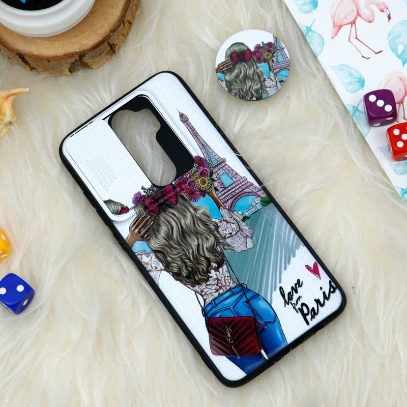 قاب طرحدار محافظ لنز دار کشویی + پاپ سوکت طرح دختر شیائومی Redmi Note 8 Pro
