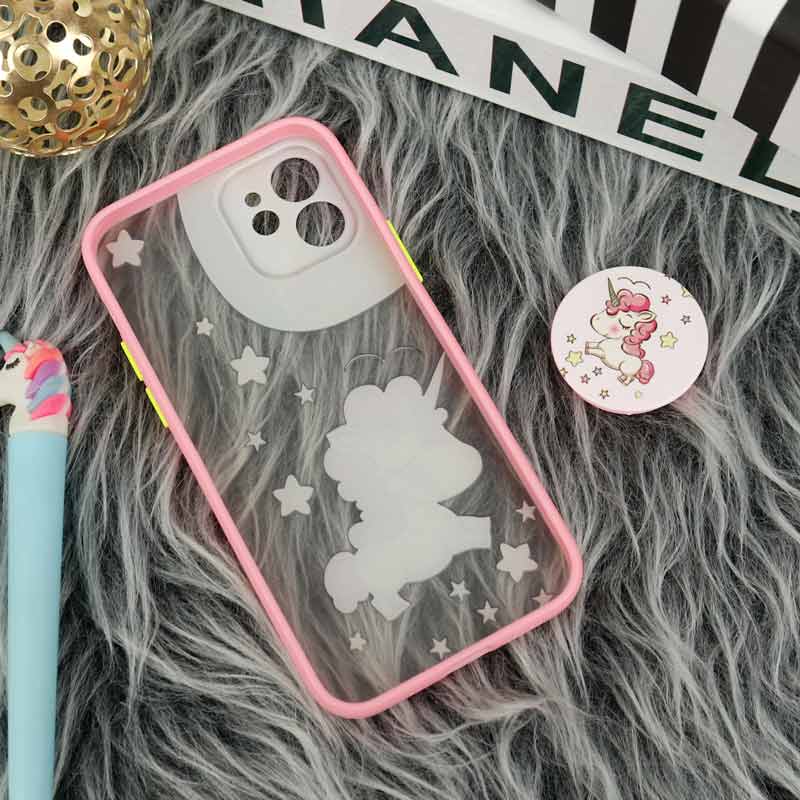 قاب PC مات فانتزی محافظ لنز دار + پاپ سوکت طرح یونیکورن iPhone 12