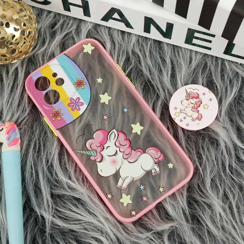 قاب PC مات فانتزی محافظ لنز دار + پاپ سوکت طرح یونیکورن iPhone 12