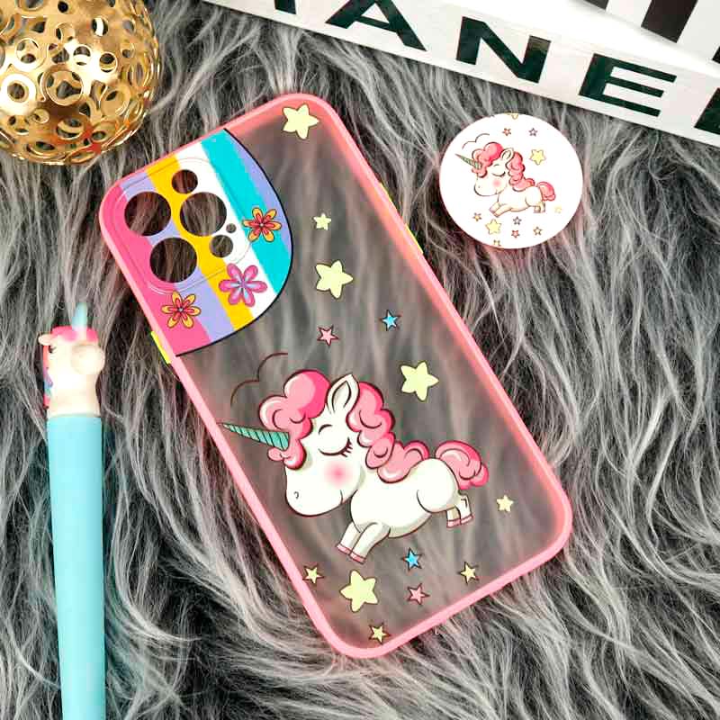 قاب PC مات فانتزی محافظ لنز دار + پاپ سوکت طرح یونیکورن iPhone 12 Pro