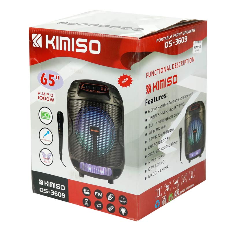 اسپیکر چمدانی بلوتوثی رم و فلش خور Kimiso QS-3609 + میکروفون و ریموت کنترل