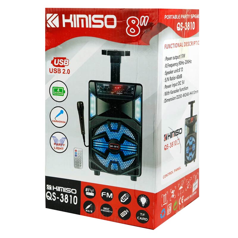 اسپیکر چمدانی بلوتوثی رم و فلش خور Kimiso QS-3810 + میکروفون و ریموت کنترل