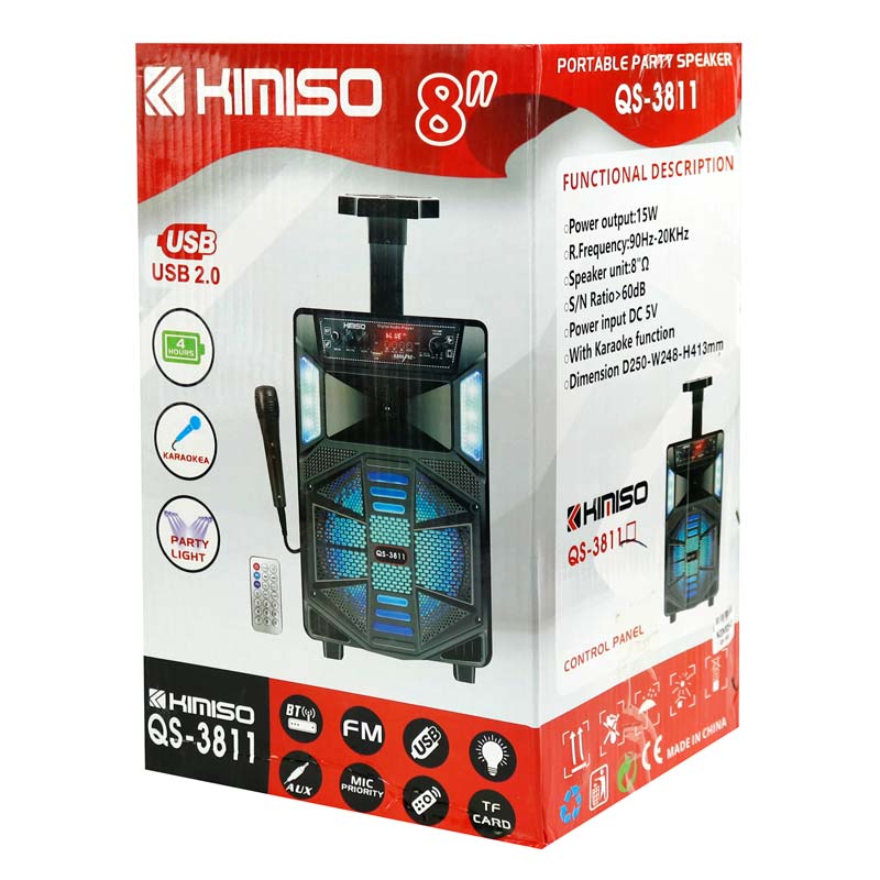 اسپیکر چمدانی بلوتوثی رم و فلش خور Kimiso QS-3811 + میکروفون و ریموت کنترل