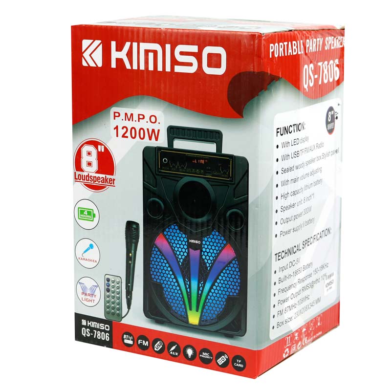 اسپیکر چمدانی بلوتوثی رم و فلش خور Kimiso QS-7806 + میکروفون و ریموت کنترل
