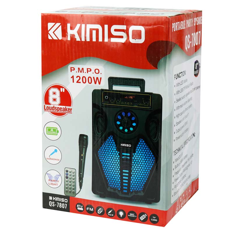 اسپیکر چمدانی بلوتوثی رم و فلش خور Kimiso QS-7807 + میکروفون و ریموت کنترل