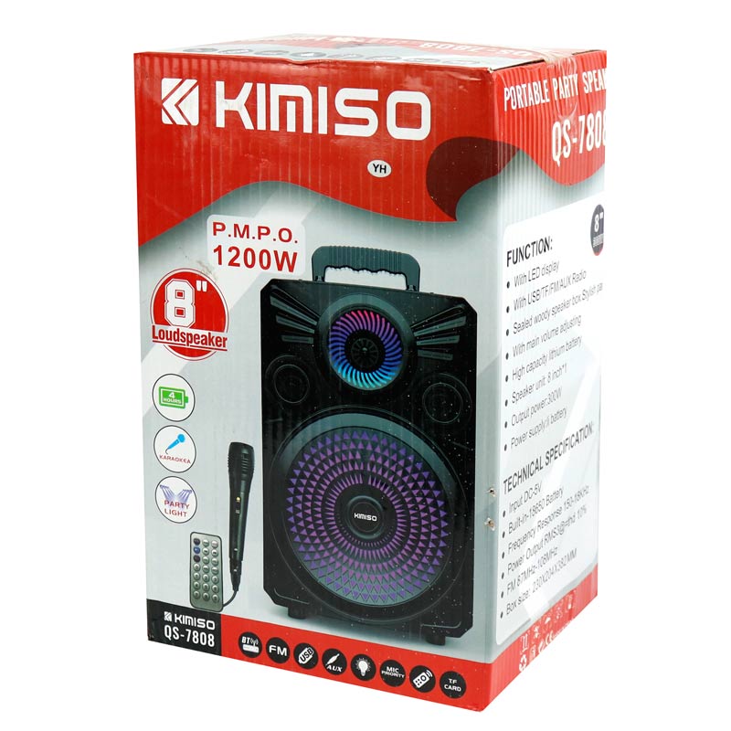 اسپیکر چمدانی بلوتوثی رم و فلش خور Kimiso QS-7808 + میکروفون و ریموت کنترل