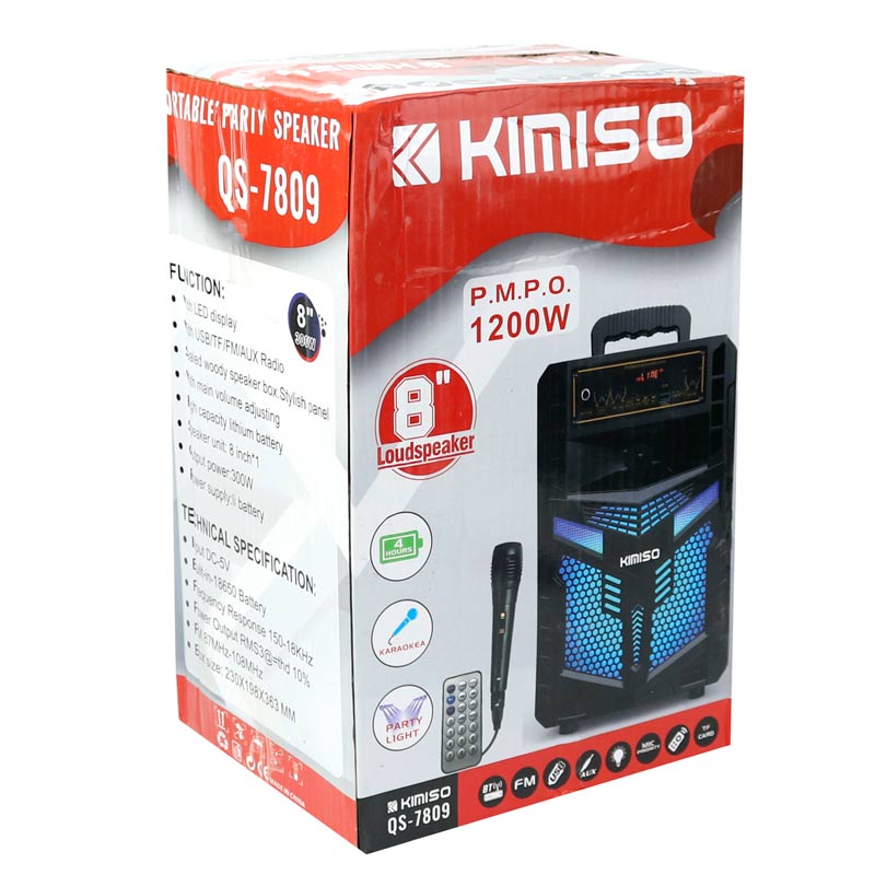 اسپیکر چمدانی بلوتوثی رم و فلش خور Kimiso QS-7809 + میکروفون و ریموت کنترل