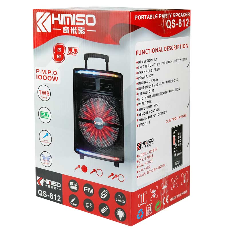 اسپیکر چمدانی بلوتوثی رم و فلش خور Kimiso QS-812 + میکروفون و ریموت کنترل