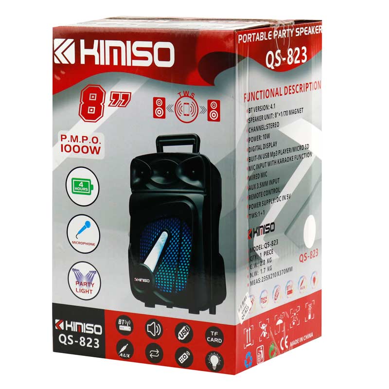 اسپیکر چمدانی بلوتوثی رم و فلش خور Kimiso QS-824 + میکروفون و ریموت کنترل