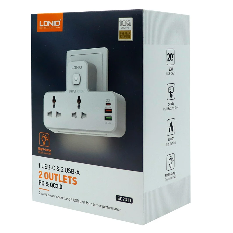 چند راهی 2 خانه الدینیو SC2311 + شارژر USB و Type-C