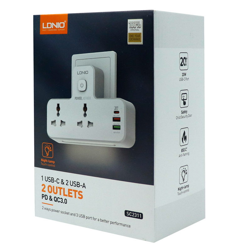 چند راهی 2 خانه برق الدینیو SC2311 + شارژر USB و Type-C