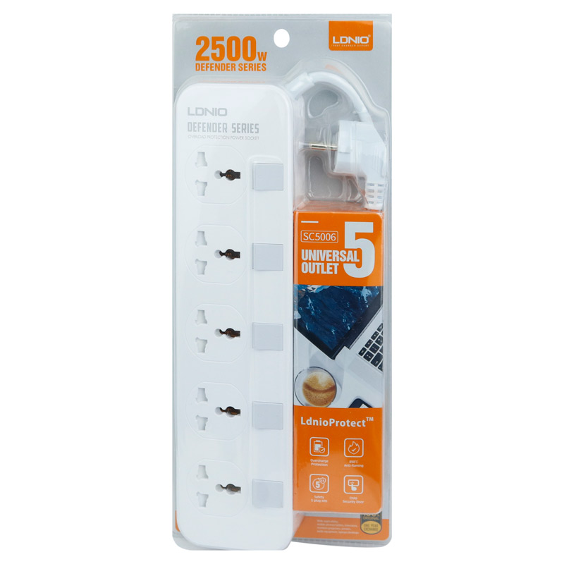 چند راهی 5 خانه برق الدینیو LDNIO SC5006 با کابل 2 متری